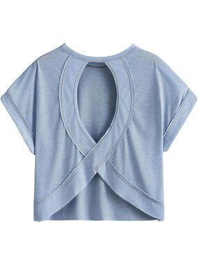 Women's Plain Light Blue Open Back Tops Workout Backless Casual Athletic Shirts